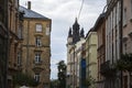 Streetscape street of historic Lviv city with old vintage buildings in local residential neighborhood alley in old town