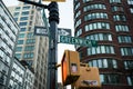 The Streetsign for Greenwhich Village street in battery park and west village of new york with buildings Royalty Free Stock Photo