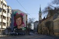 Streetview in Budapest, Hungary with wall painting of the Hungarian biochemist Katalin Kariko.