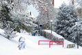 Streetview city in snow with snowmen Royalty Free Stock Photo