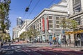 Streetview downtown San Francisco  with view to facade of Nordstrom and Bloomingdales building Royalty Free Stock Photo