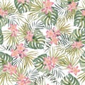 Strelitzia, palm tree, monstera leaves. Tropical exotic bright seamless pattern. Watercolor hand made botanical print