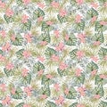 Strelitzia, palm tree, monstera leaves. Tropical exotic bright seamless pattern. Watercolor hand made botanical print