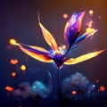 Strelitzia reginae flower in neon light on dark background. 3d rendering generative AI