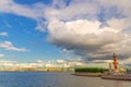 Strelka Arrow of Vasilyevsky Island with green trees and Rostral Columns