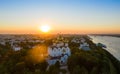 Strelka Park on the Yaroslavl embankment and a view from the height of the Assumption Cathedral in Yaroslavl against the