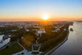 Strelka Park on the Yaroslavl embankment and a view from the height of the Assumption Cathedral in Yaroslavl against the