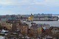 Strelka view with golden domes church in front Royalty Free Stock Photo