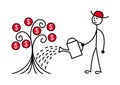 A man in a red hat watered a tree. On the tree grow dollars. Vector drawing
