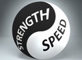 Strength and speed in balance - pictured as words Strength, speed and yin yang symbol, to show harmony between Strength and speed
