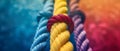 Strength, Unity, and Teamwork: Closeup of Diverse Team Ropes Against a Blurred Colorful Background.