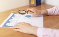 Strength Weaknesses Opportunities Threats Analysis Evaluation Strategy Concept. blue SWOT chart on office table with female hands Royalty Free Stock Photo