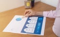 Strength Weaknesses Opportunities Threats Analysis Evaluation Strategy Concept. blue SWOT chart on office table with female hands