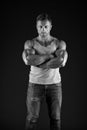 Strengthen your confidence. Confident man keep arms crossed black background. Confident look of muscular guy. Athletic