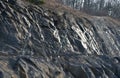 Strengthening the slope with a steel net anchored deep into the rock. falling rocks do not fall on the road. Double barriers are o Royalty Free Stock Photo