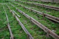 Strengthening a steep slope with wooden planks and posts that also serve as stairs or seating for watching football on the field Royalty Free Stock Photo