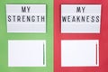 Strengths and weaknesses lists. Introspection, self improvement, work on yourself psychology concept. Copy space Royalty Free Stock Photo