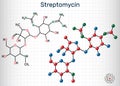 Streptomycin, C21H39N7O12 molecule. It is an aminoglycoside antibiotic. Structural chemical formula and molecule model. Sheet of