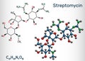 Streptomycin, C21H39N7O12 molecule. It is an aminoglycoside antibiotic. Structural chemical formula and molecule model