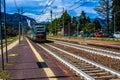 STRESA, ITALY - JULY 14, 2016. Stresa railway station and arriving train Trenord Italia.