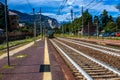 STRESA, ITALY - JULY 14, 2016. Stresa railway station and arriving train Trenord Italia.