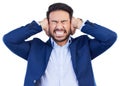 Stress, anger and screaming with business man in studio for headache, frustrated and burnout. Mental health, anxiety and Royalty Free Stock Photo