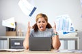 Stress, angry and sad finance manager throwing documents, paper and paperwork while on laptop. Depression, frustrated or