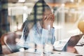 Stress, anxiety and burnout with a business woman suffering with mental health in her office at work. Headache, fatigue Royalty Free Stock Photo