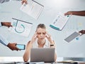 Stress, anxiety and business woman working under pressure with mental health burnout in busy, task crisis and frustrated Royalty Free Stock Photo