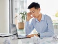 Stress, anxiety and startup issue with business man working on a laptop, frustrated and annoyed. Young asian Royalty Free Stock Photo