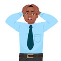 Stress and anxiety at work. An African American male office worker is alarmed. Headache. Problems in business