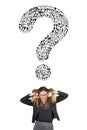 Stress attack for big question mark. Doubt. Business woman with hands in her hair pulling Royalty Free Stock Photo