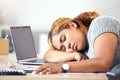 Stress, burnout and sleeping business woman in modern office, workplace and desk. Tired, lazy and frustrated employee Royalty Free Stock Photo