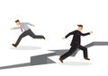 Stress businessmen running away from crack earth. Concept of busineessmen escaping from challenge, obstacles or problems