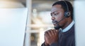 Stress, call center and black man customer service agent with worry, frustration or burnout in office. Nervous, confused Royalty Free Stock Photo