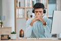 Stress, call center or headache of man at computer, telemarketing agency and fail in pain, burnout or anxiety