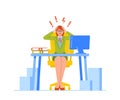 Stress, Deadline, Problem at Work Concept. Stressed Businesswoman Sitting with Flashes and Exclamation Marks over Head Royalty Free Stock Photo