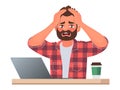 Stress or deadline at work. A business man clutched his head in panic. The bad news. Vector illustration