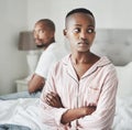 Stress, depression and marriage, black couple on bed in home angry after argument or fight. Mental health, relationship Royalty Free Stock Photo
