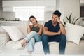 Stress, divorce or couple fight on sofa with anxiety, fear or frustrated by liar, fail or drama at home. Marriage Royalty Free Stock Photo