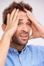 Stress, fear or sad man with hands on face in studio frustrated by fail, accident or mistake on white background Royalty Free Stock Photo