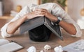 Stress, frustrated and burnout for man with laptop to cover face, head or skull overwhelmed with paperwork. Marketing Royalty Free Stock Photo