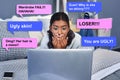 Stress, girl and shocked with laptop on bed for online bullying, scam or overlay of social media. Person, surprise and Royalty Free Stock Photo
