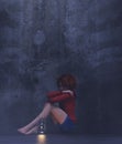 Stress girl sitting alone in a dark room