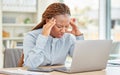 Stress, headache and black woman with laptop in office with confused, burnout or anxiety face after mistake on project Royalty Free Stock Photo