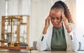 Stress, headache with black woman and lawyer with fail on case frustrated in office. Business, professional and law firm Royalty Free Stock Photo