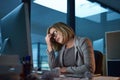 Stress, headache and business woman in office, tired or fatigue while working late at night on computer. Burnout Royalty Free Stock Photo