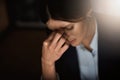 Stress, headache and business woman with pain at night for career migraine, burnout or mental health risk or depression Royalty Free Stock Photo
