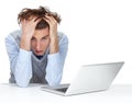 Stress, headache and businessman on laptop, white background and 404 technology glitch. Tired worker with burnout