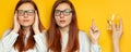 Stress, headache concept. Young woman worker in glasses touches her head. The girl raised her finger up, female hand Royalty Free Stock Photo